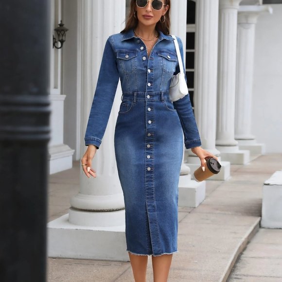 Medium Elegant Womens Wash Flap Pocket Raw Cut Denim Dress - Picture 2 of 5